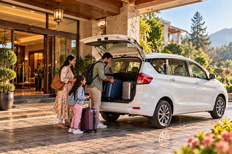 Private passenger vehicle waiting at a hotel with luggage ready for a trip