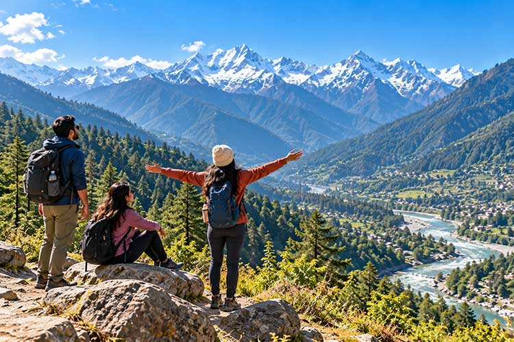 Travellers enjoying a scenic Himalayan mountain viewpoint