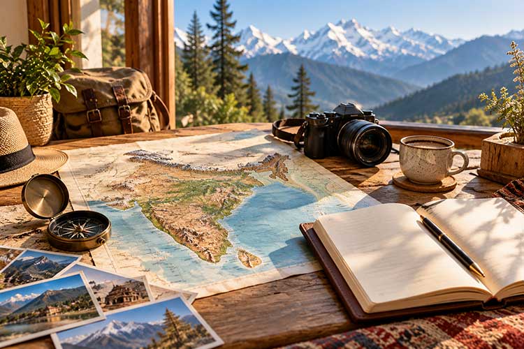 Travel planning desk with a map, notebook and travel essentials